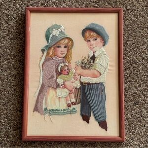 Vintage Framed Embroidery Crewel “Spring and Lance” by Jan Hagara 1970’s EUC